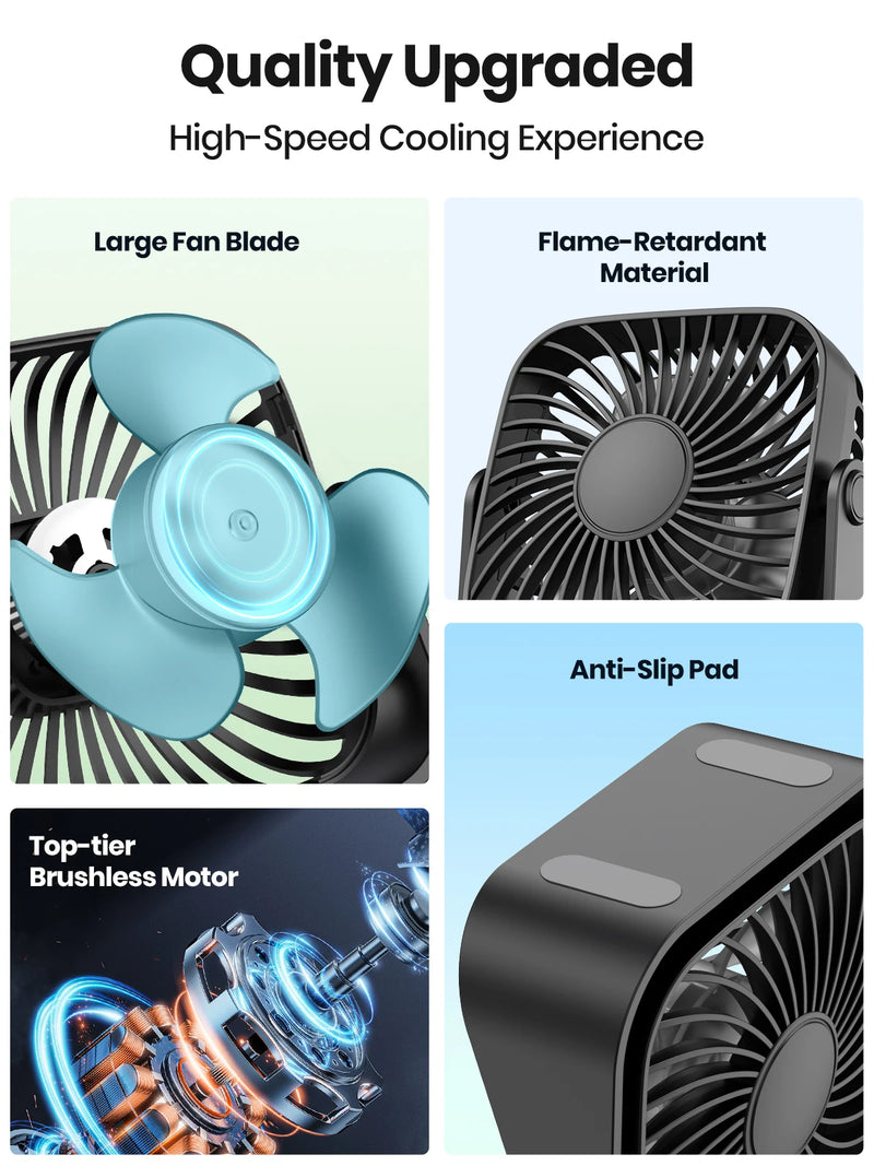 Mini-Ventilador portátil para camping, 3 velocidades, silencioso, para mesa, mesa, pessoal, ajuste de 360 °, para quarto e casa, 4 polegadas