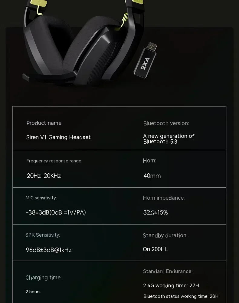 Dual Mode Wireless Gaming Headphone, Vgn Vxe, Sirene V1, Bluetooth, Bateria de longa duração, Personalizar, Redução de Ruído, PC Gamer