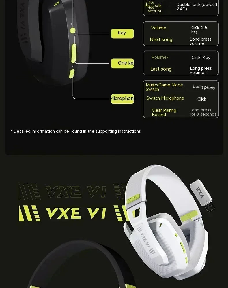 Dual Mode Wireless Gaming Headphone, Vgn Vxe, Sirene V1, Bluetooth, Bateria de longa duração, Personalizar, Redução de Ruído, PC Gamer