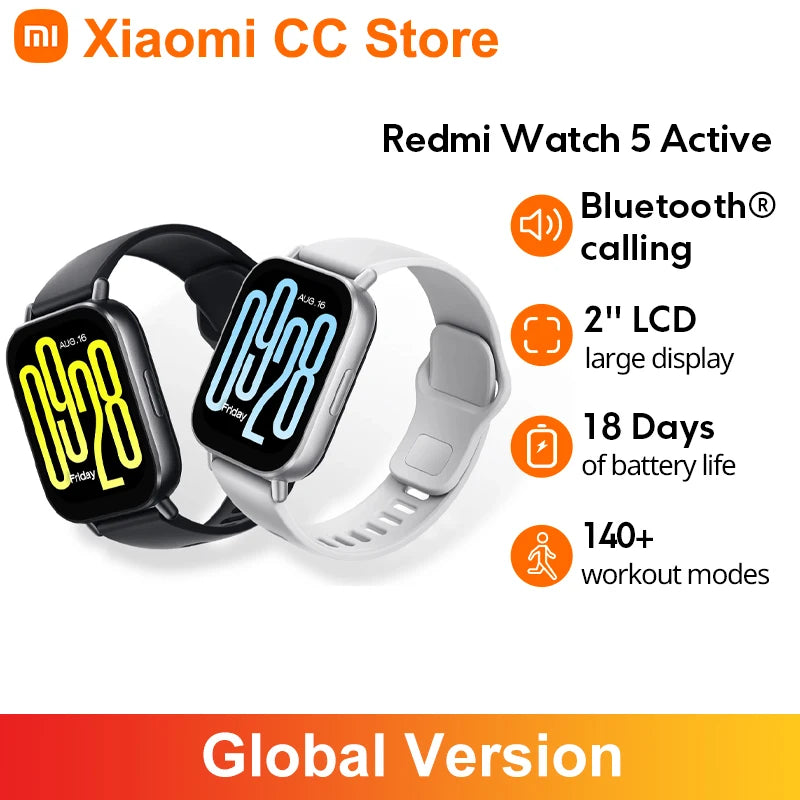 Versão global Xiaomi Redmi Watch 5 Active 2 '' Display de até 18 dias de vida útil da bateria mais de 140 modos de treino Bluetooth chamando 5ATM