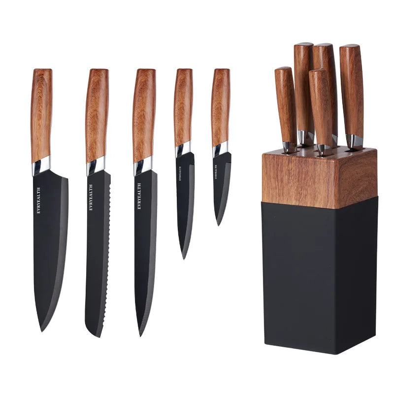 High Carbon Stainless Steel Knife Block Set, Padrão de madeira PP Handle, Kitchen Knives Kit, 6 Pcs